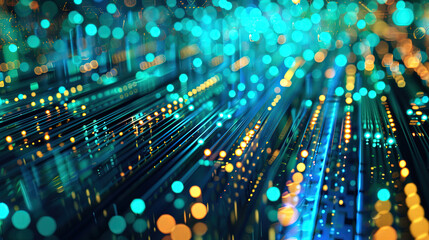 Big data center technology warehouse with rows of illuminated servers, light trails effect Generated AI