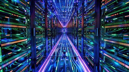 Big data center technology warehouse with rows of illuminated servers, light trails effect Generated AI