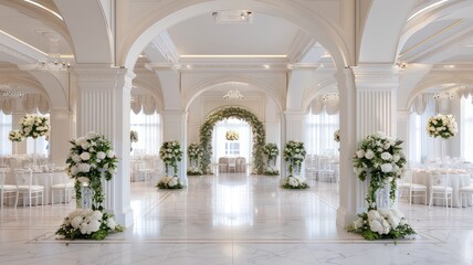 A grand ballroom wedding venue adorned with elegant floral arrangements and archways. The white and gold decor, coupled with luxurious