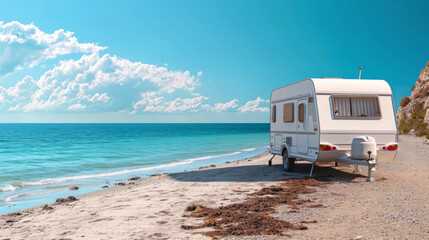 Fototapeta premium Caravan on Beach and blue Sky