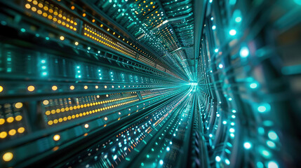 Big data center technology warehouse with rows of illuminated servers, light trails effect Generated AI