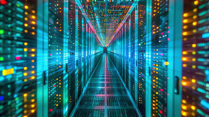 Big data center technology warehouse with rows of illuminated servers, light trails effect Generated AI