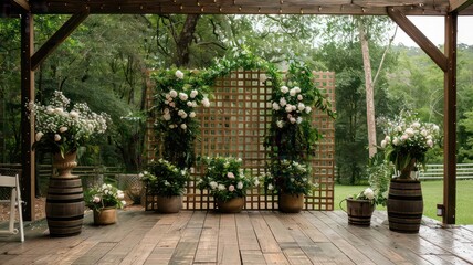 A charming countryside outdoor event space with wooden screens adorned with an array of fresh flowers. The serene setting is perfect for intimate gatherings and picturesque photo opportunities