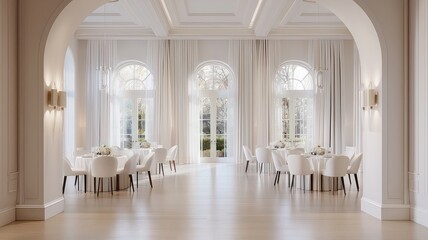 An elegant ballroom featuring arched windows with sheer drapes, beautifully arranged round tables with white chairs, and soft natural light