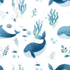 Obraz premium Seamless pattern with whales and seaweed