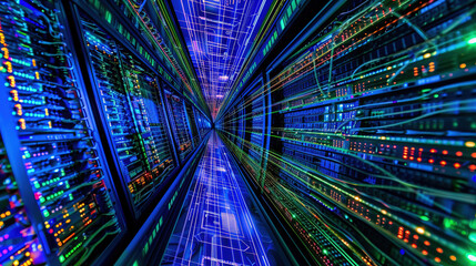 Big data center technology warehouse with rows of illuminated servers, light trails effect Generated AI