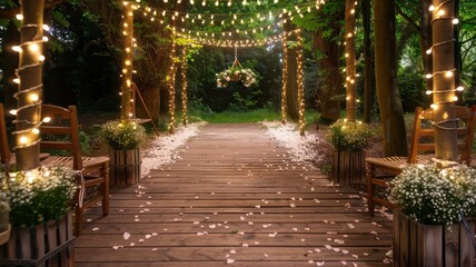 A magical tree-lined path illuminated by a canopy of twinkling fairy lights, creating an enchanting atmosphere. Perfect for evening events, weddings, or romantic garden settings