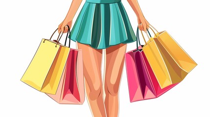 Fashion shopping clipart, white background, colorful, woman holding bags, shopping center background, clip artwork for commercial use