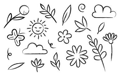 Summer hand drawn black crayon elements set. Leaves, flowers, sun, clouds doodle brush style on white background.