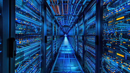 Big data center technology warehouse with rows of illuminated servers, light trails effect Generated AI