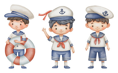 Cute cartoon boys sailors watercolor