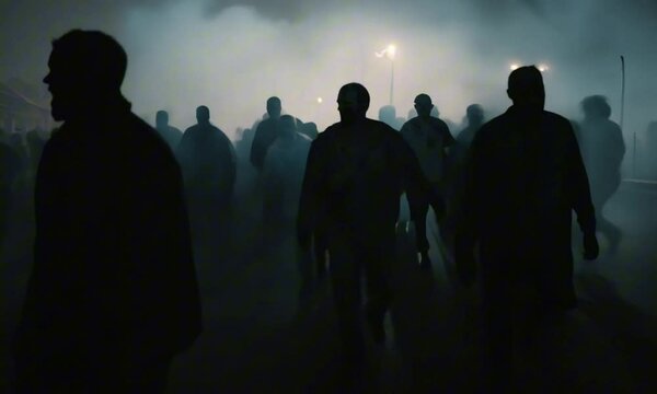 zombie crowd walking at night, halloween concept