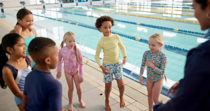Teacher, kids and warm up for swimming pool for lesson at centre for exercise, training and fun for child development. Woman, people and diversity in swimsuit for sport competition or challenge