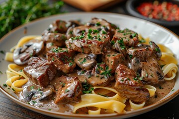 A plate of beef stroganoff with tender beef strips in a creamy mushroom sauce, served over a bed of egg noodles. 