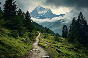Fototapeta premium Captivating Swiss alps path landscape. Nature grass. Generate Ai