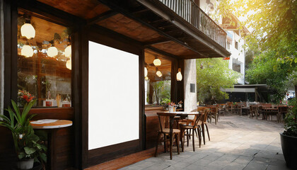 Fototapeta premium Mockup billboards or white promotion poster displayed on the front of the restaurant, coffee