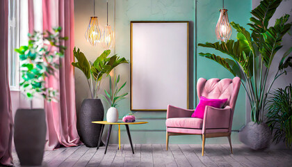 mock up poster frame in modern interior background, living room, Contemporary style, 3D render, 3D illustration