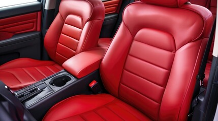 Fototapeta premium Close-up of the interior of a car with red leather seats, a gear shifter, and a center console with cup holders