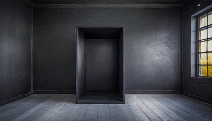 Modern black box podium for product showcase. Geometic shapes pedestal. dark background display. Empty stage. 3d render