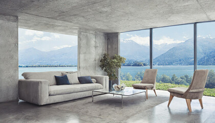 Fototapeta premium loft interior design mockup living room sofa with minimal decorating and concrete wall beautiful house design space living room ideas template