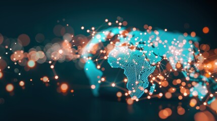 An abstract illustration depicting data and analytics on a global scale, with interconnected nodes and lines symbolizing the flow of knowledge across continents. Ideal for visualizing concepts of