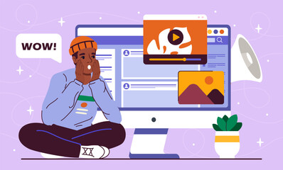 Man with emotive content. Young guy in hat sits in shock and looks at website page. Promotion on Internet and social networks. Content creation. Flat vector illustration isolated on violet background