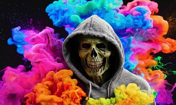 Zombie in a scratchy hoody surrounded by a vivid color bomb explosion background, ultra-realistic rendering