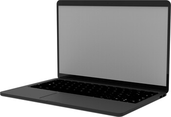 black laptop with a blank white screen and isolated on a transparent background