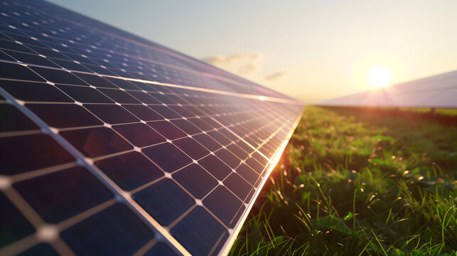A close up view of a solar cell in a vast solar farm