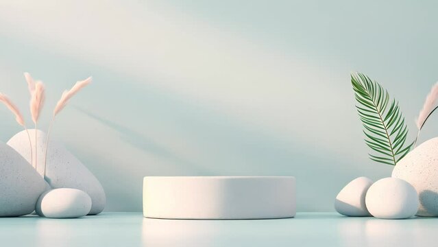 Minimalist product display with natural elements and pastel background.