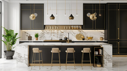 A contemporary, chic kitchen featuring stylish black and white cabinets, golden fixtures, and marble tiles
