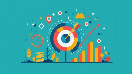 Obraz premium Colorful infographic depicting a target with a dart, charts, graphs, and various icons representing business and data analytics.