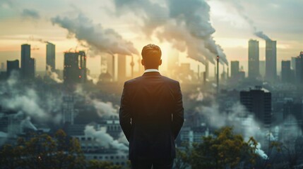 Businessman looking at a polluted city skyline.