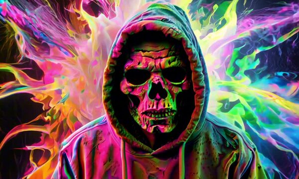 Zombie in a scratchy hoody surrounded by a vivid color bomb explosion background, ultra-realistic rendering