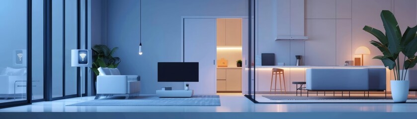 Smart home with AI providing real-time internet metrics, side view, enhancing connectivity, technology tone, Triadic Color Scheme