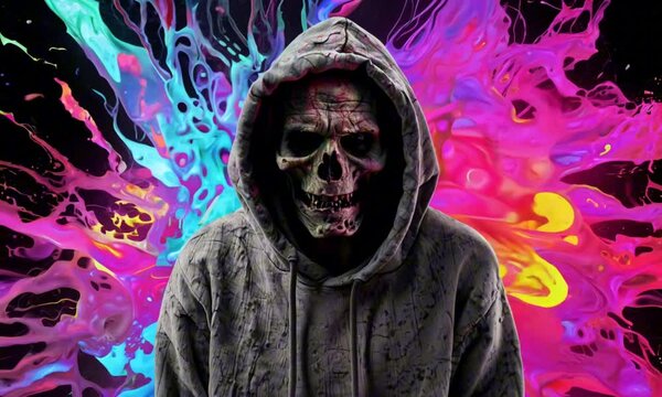 Zombie in a scratchy hoody surrounded by a vivid color bomb explosion background, ultra-realistic rendering