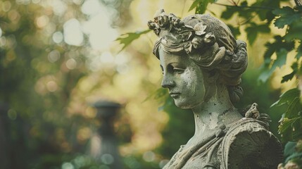 Vintage toned statue in garden with space for text