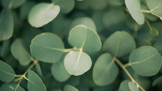 Green eucalyptus leaves moving in the air, spring slow motion background.