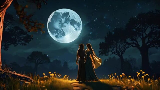 A couple beach island, with the full moon waters. Palm trees, courtyard of an ancient castle rocky, waves ambiance, 4K Ultra HD Romantic Wallpaper animation video
