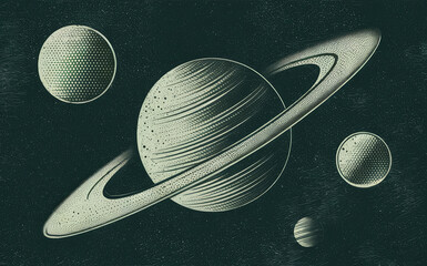 a vintage woodcut-style illustration depicts a celestial scene with a large planet with prominent rings, surrounded by several smaller celestial bodies