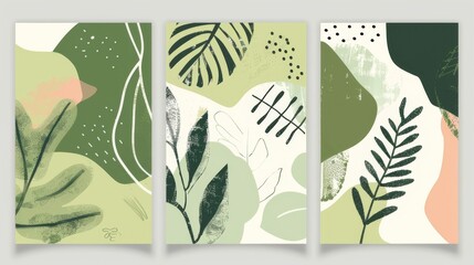 Fototapeta premium set of three abstract botanical vector illustrations on white background