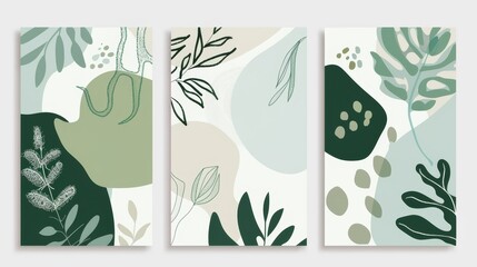 set of three abstract botanical vector illustrations on white background