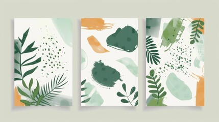 set of three abstract botanical vector illustrations on white background