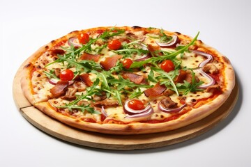 Wholesome Tasty pizza with vegetables and arugula salad isolated. Fast food fresh meal cuisine. Generate Ai
