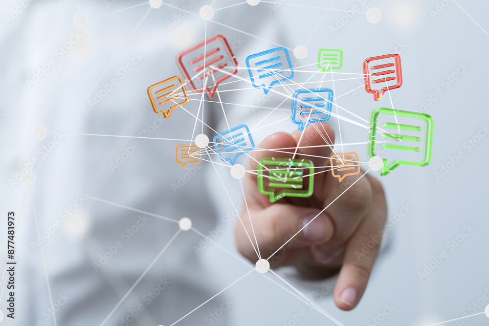 Poster touching 3d rendering flying email icon with his fin