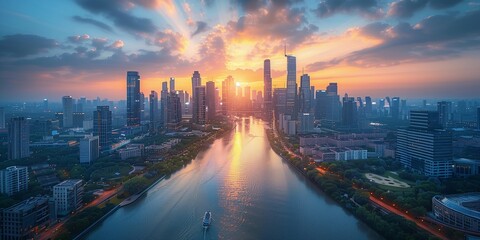 Obraz premium Golden Hour Glow: Modern Financial District, generative ai