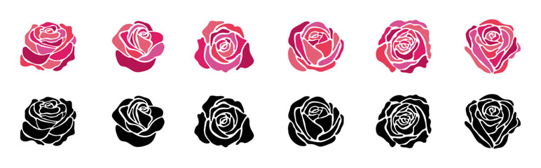 rose silhouette stained glass colorful vector illustration art set. Flower roses petal outline romantic valentine's day love bouquet decorative mosaic graphic design wedding card married red pink line