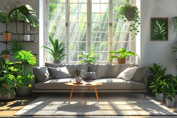 Sunlit Living Room with Abundant Greenery and Cozy Sofa
