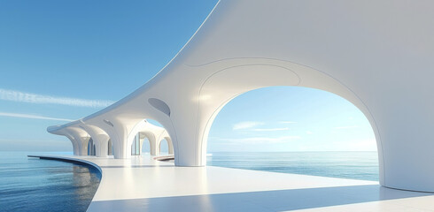 3D render of abstract futuristic architecture with empty concrete floor, product and car presentation background, copy space, Geometric structure design