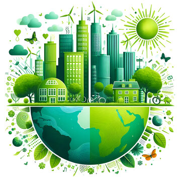 An illustration of a glass globe with a city and trees inside concept of a eco green city